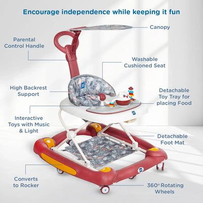 Baby walker with features labeled on a white background