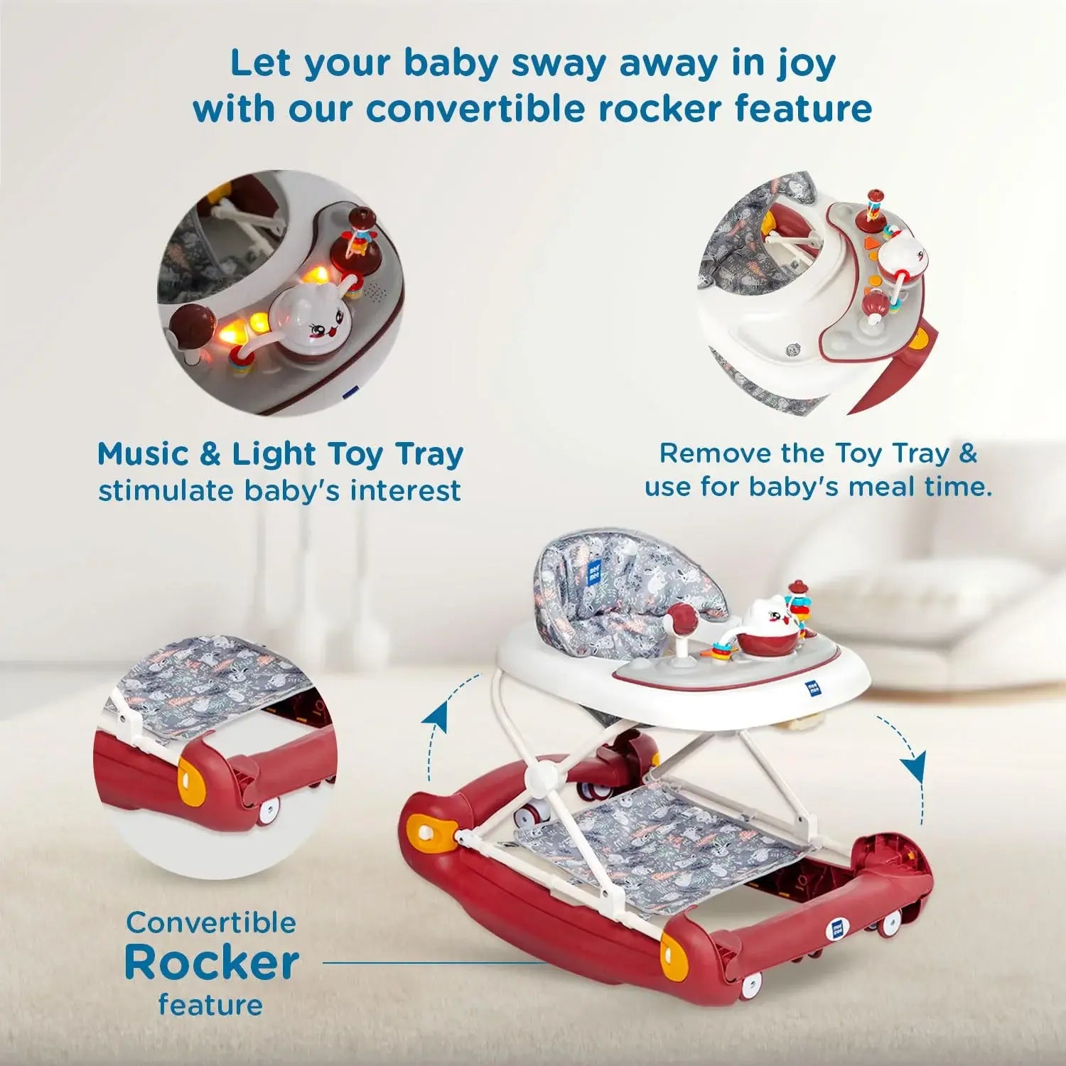 Baby walker with convertible rocker feature and toy tray on a light background