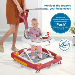 Baby walker with removable parents push handle, baby inside, and text about support and push feature.