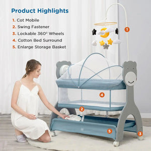 Baby crib with cot mobile, swing fastener, and other features labeled on a white background.