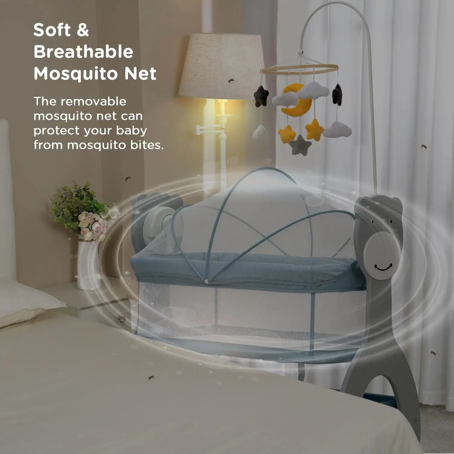 Baby crib with a soft and breathable mosquito net in a bedroom setting.