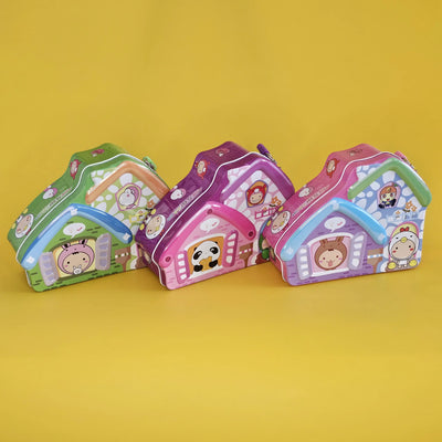 Adorable house-shaped metal money boxes for children with lock and keys, featuring cartoon animal characters. Secure savings for kids, shop at usmile.toys