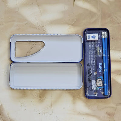 "Cute cartoon metal pencil case with stationery set – perfect school geometry box for kids www.usmile.toys