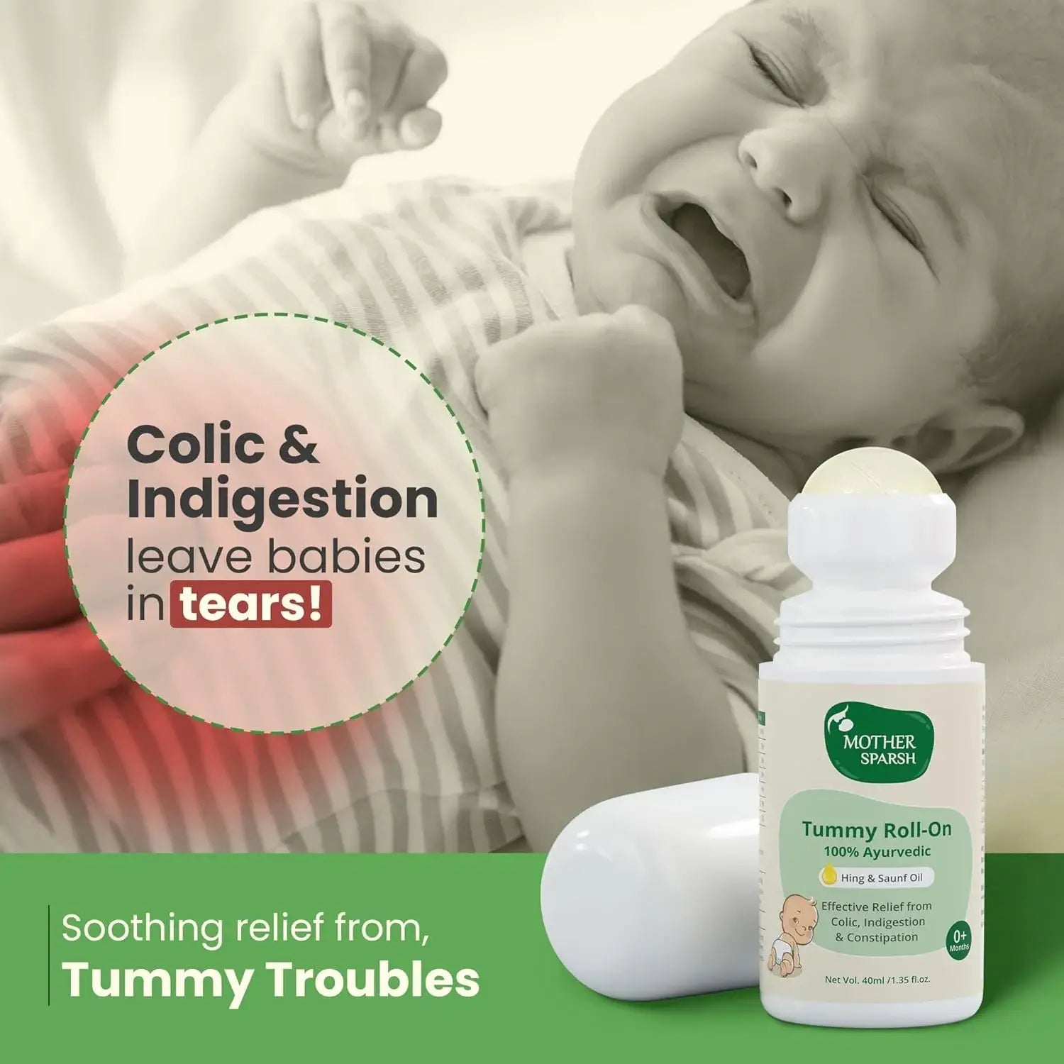 Mother Sparsh Tummy Roll On For Baby, Colic Relief, Constipation and Indigestion With Hing & Saunf | 100% Ayurvedic - 40ml
