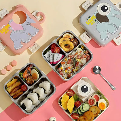 Super Elephant 3 compartment Stainless steel lunch box for kids. These stylish and durable lunch containers are ideal for school, office, and travel use. Available at www.usmile.toys, your trusted online store for toys, kids stationery, return gifts, baby products, and essentials. Enhance your lunchtime experience with our leakproof, multi-compartment bento boxes designed for easy packing and freshness retention