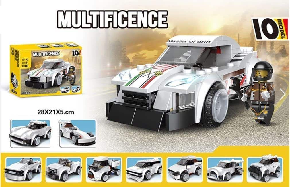 "White Multilicence Super Car building block set by Usmile Toys, featuring a sleek sports car design with red accents, and its yellow packaging for ages 6+."
 www.usmile.toys