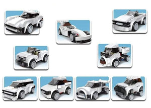 Interactive Usmile Toys building toy: a finished model of the Multilicence Super Car from a 200+ piece block set, with its original box showing a driver minifigure." WWW.USMILE TOYS