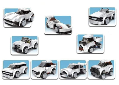 Interactive Usmile Toys building toy: a finished model of the Multilicence Super Car from a 200+ piece block set, with its original box showing a driver minifigure." WWW.USMILE TOYS