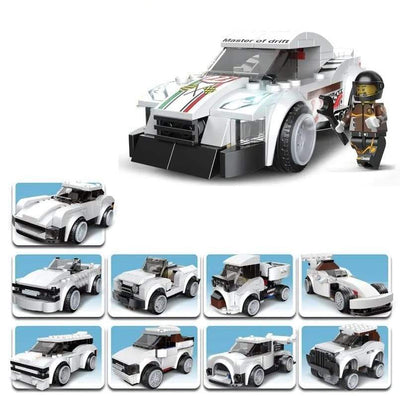 Close-up of the assembled Multilicence Super Car building block model, a white and red racing car, next to its box, suitable for children aged 6 and up.