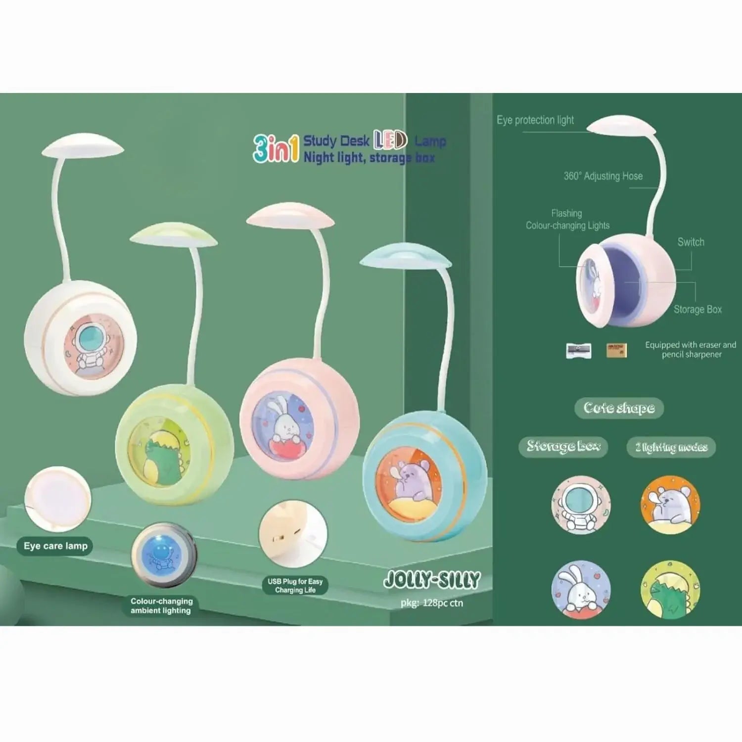 Colorful 3-in-1 multipurpose study desk lamps for kids, Jolly Silly collection, featuring astronaut, dinosaur, bunny, and hamster character designs, ideal for children's rooms." www.usmile.toys