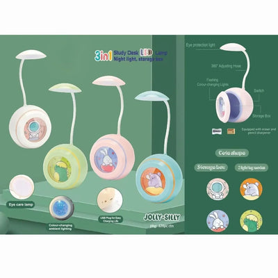 Colorful 3-in-1 multipurpose study desk lamps for kids, Jolly Silly collection, featuring astronaut, dinosaur, bunny, and hamster character designs, ideal for children's rooms." www.usmile.toys