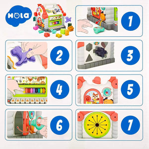 Colorful musical learning house for toddlers featuring lights, animal sounds, shape sorters, and abacus for early childhood development by Usmile Toys." www.usmile.toys