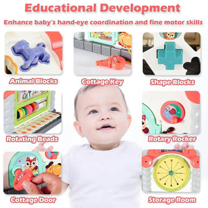 Interactive toddler learning house with light-up buttons, melodies, animal figures, and shape-sorting activities, promoting fine motor skills and cognitive growth from Usmile Toys." www.usmile.toys