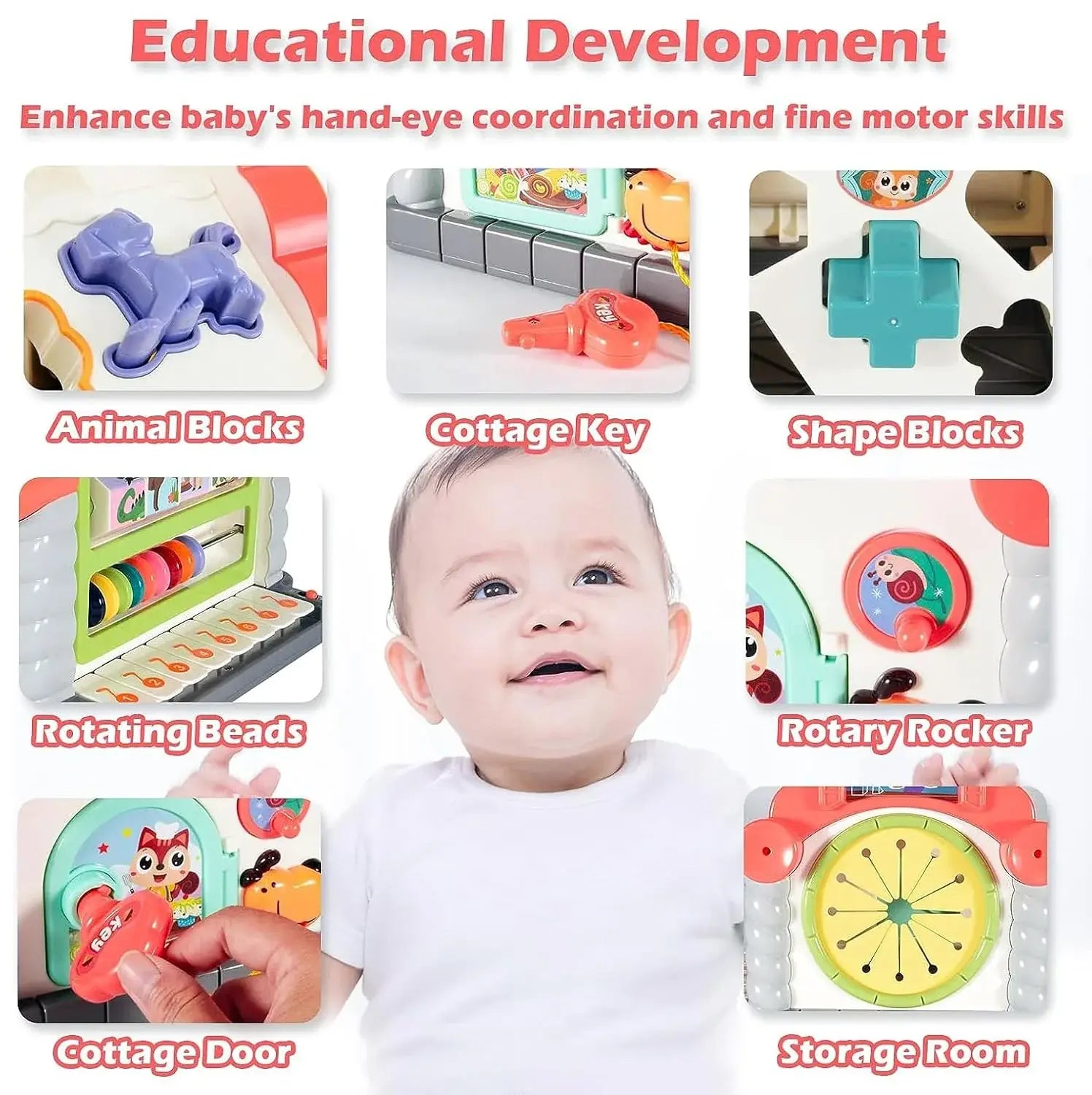 Interactive toddler learning house with light-up buttons, melodies, animal figures, and shape-sorting activities, promoting fine motor skills and cognitive growth from Usmile Toys." www.usmile.toys