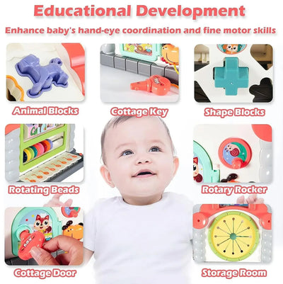 Interactive toddler learning house with light-up buttons, melodies, animal figures, and shape-sorting activities, promoting fine motor skills and cognitive growth from Usmile Toys." www.usmile.toys