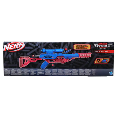 Nerf gun packaging with red and blue design on a black background