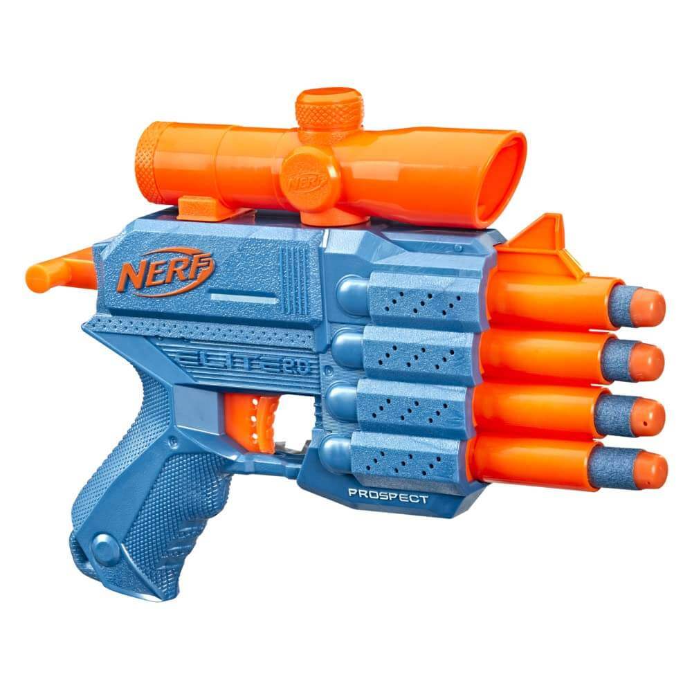 Kids' Nerf blaster toy for active play, the Elite 2.0 Prospect QS-4, complete with darts for target practice. www.usmile.toys