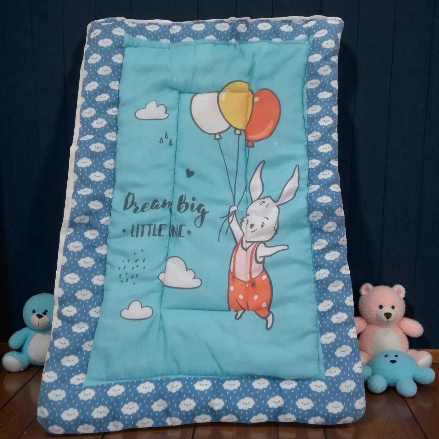 "Variety pack of five handmade baby godadi (quilts) with colorful cartoon prints including animals, rabbits, and a cow, ideal for newborns and tummy time." www.usmile.toys