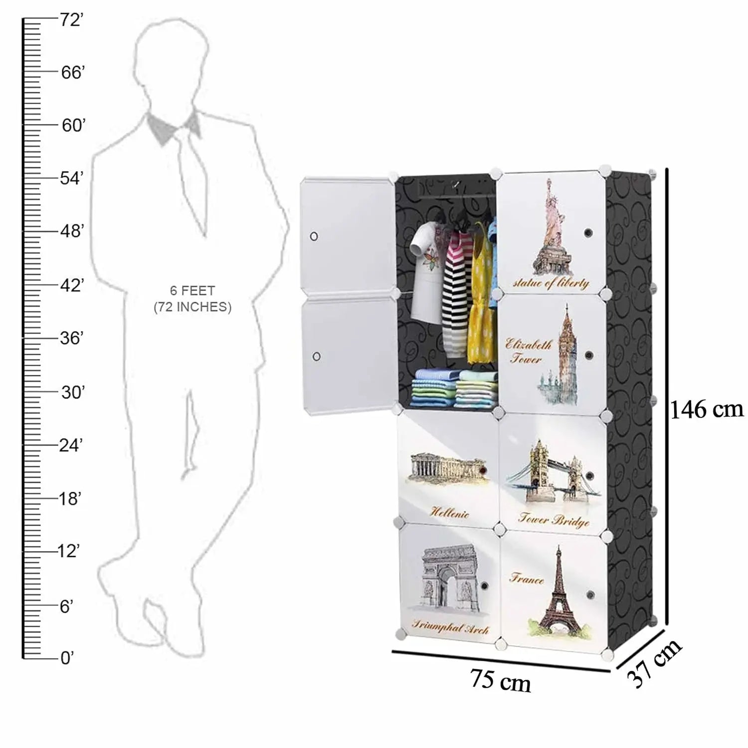 White and black plastic baby wardrobe collapsible storage rack with 8 cubes, featuring famous world monument designs like Eiffel Tower and Tower Bridge. www.usmile.toys