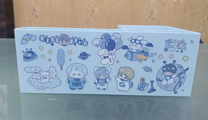Cartoon character-themed product packaging on a reflective surface with a wooden background