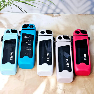 Five "JAIPET" branded plastic sipper water bottl  www yusmies in light blue, dark blue, white, light pink, and pink, with handles and strawse.com