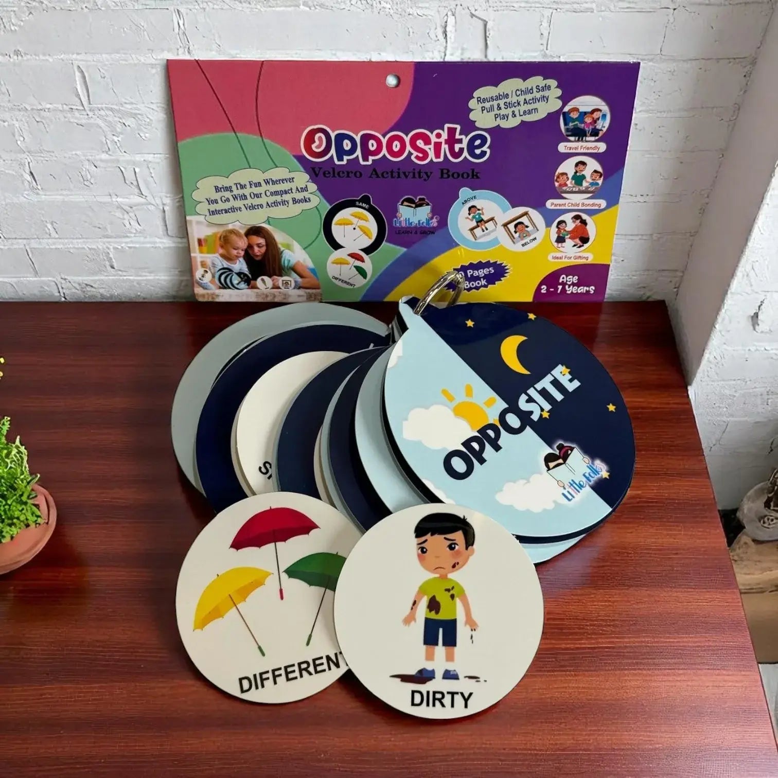 U Smile Toys Preschool Learning Activity Book for ages 2-7, an interactive Velcro book teaching "Opposite" concepts with pull & stick activity  www.usmile.com