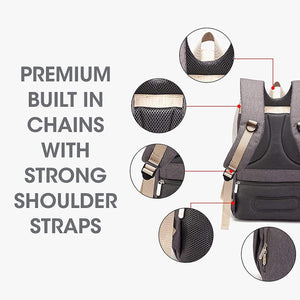 Gray backpack with detailed views of chains and shoulder straps on a white background