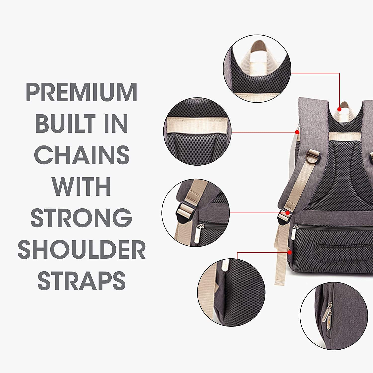 Gray backpack with detailed views of chains and shoulder straps on a white background