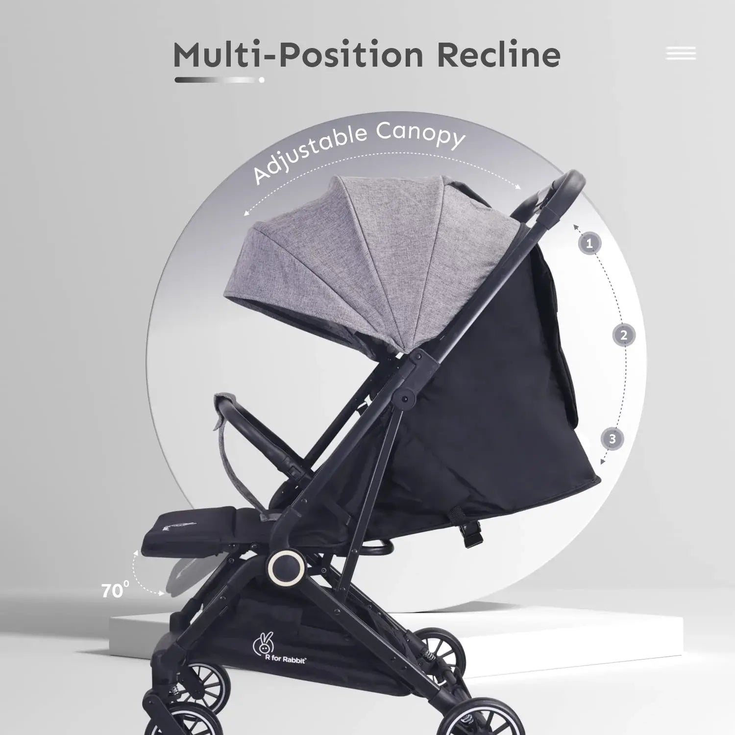 Black stroller with adjustable canopy on a gray background