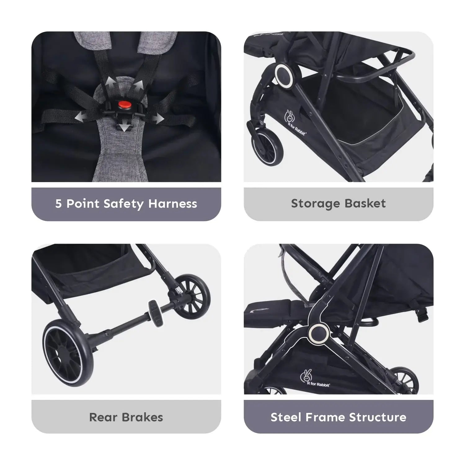Baby stroller features including 5-point safety harness, storage basket, rear brakes, and steel frame structure.