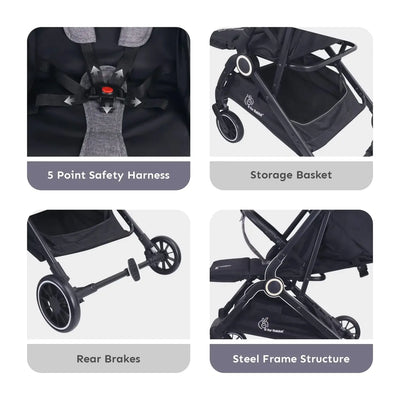 Baby stroller features including 5-point safety harness, storage basket, rear brakes, and steel frame structure.