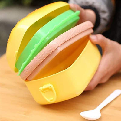 Kids burger-shaped plastic lunch box, rectangular for school or picnics. www.usmile.toys 