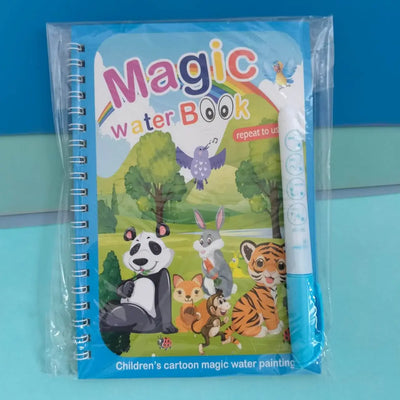 Children's magic water book with cartoon animals and a pen on a blue background