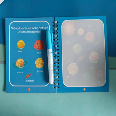 Children's book with space-themed illustrations on a blue background