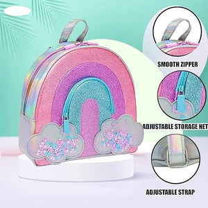 Small stylish picnic bag for girls with a vibrant rainbow theme and glittery clouds, perfect for carrying snacks and lunches.

www.usmile.toys