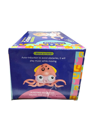 Blue box for a Usmile Toys Sound and Light Octopus electric induction toy, featuring a cute blue octopus with a light-up head and phrases like 'Hi, come on! Catch me!'" www.usmile.toys