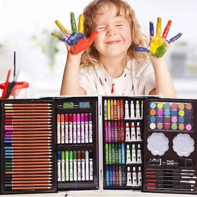 Front view of a portable art case with "Universe" written on it, decorated with space illustrations including an astronaut, moon, and rockets, ideal for children's painting and drawing activities from Usmile Toys. www.usmile.toys