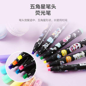 Set of six colourful star-shaped highlighter pens for kids with glitter caps, perfect for making notes and drawing fun in www.usmile.toys
