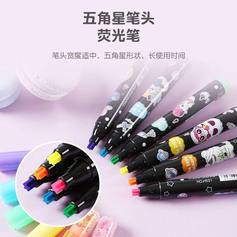 Set of six colourful star-shaped highlighter pens for kids with glitter caps, perfect for making notes and drawing fun in www.usmile.toys
