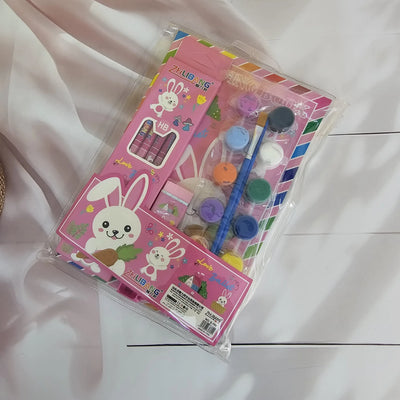 Colorful stationery kit for kids, featuring a dinosaur-themed drawing book and art supplies. www.usmile.toys