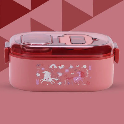 Premium quality stainless steel lunch boxes with colorful airtight lids featuring white, black, and yellow clasps, perfect for kids and adults, displayed neatly alongside healthy meals including rice, fried snacks, fresh fruits, and soup. These stylish and durable lunch containers are ideal for school, office, and travel use. Available at www.usmile.toys, your trusted online store for toys, kids stationery, return gifts, baby products, and essentials. Enhance your lunchtime experience with our leakproof,
