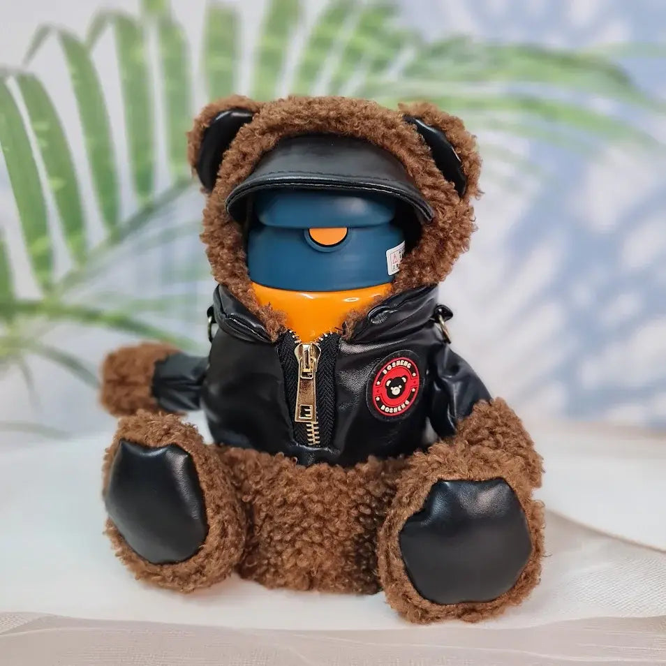 "Usmile Toys cute water bottles for kids, designed with soft teddy bear-themed insulated covers, perfect for keeping drinks hot or cold on the go."