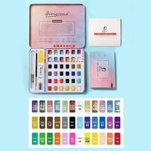 "Front view of the 'Solid Watercolor Paint Set' by Giorgione, a 36-color art kit with vibrant hues and shimmering 'Pearl Light' effects, perfect for artists and students." www.usmile.toys