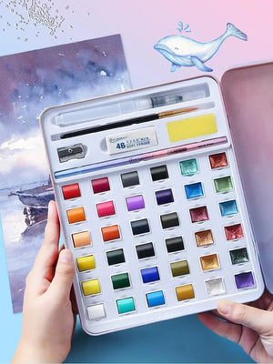 "Front view of the 'Solid Watercolor Paint Set' by Giorgione, a 36-color art kit with vibrant hues and shimmering 'Pearl Light' effects, perfect for artists and students." www.usmile.toys