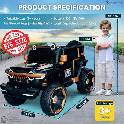 Toy jeep with specifications and a child for scale on a blue mat.
