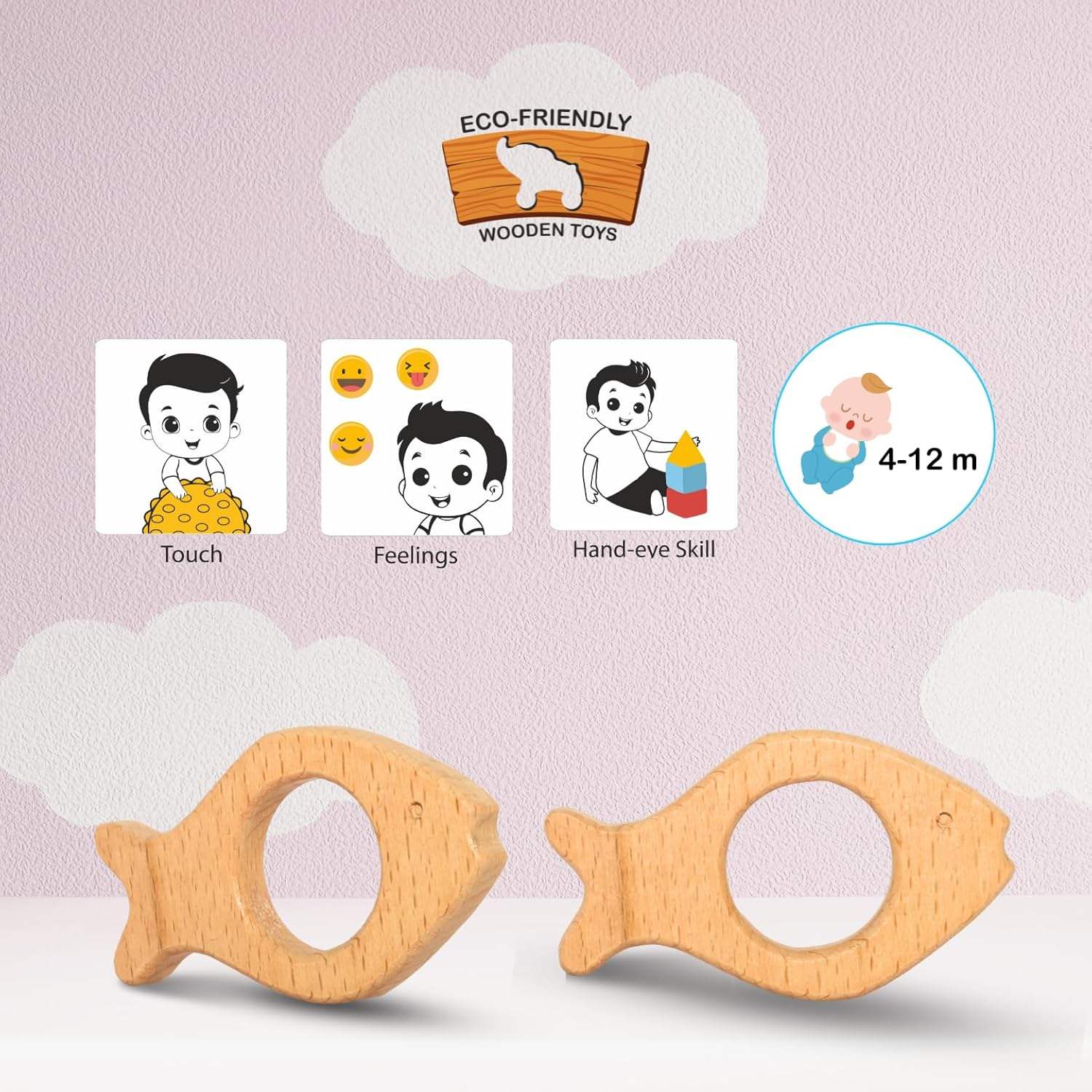 Wooden Baby Teether | Fish-Shaped Teething Toy for Babies 4-12 Months