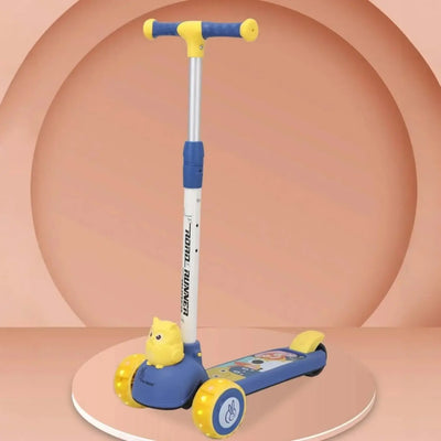 Children's scooter with blue and yellow accents on a peach-colored background