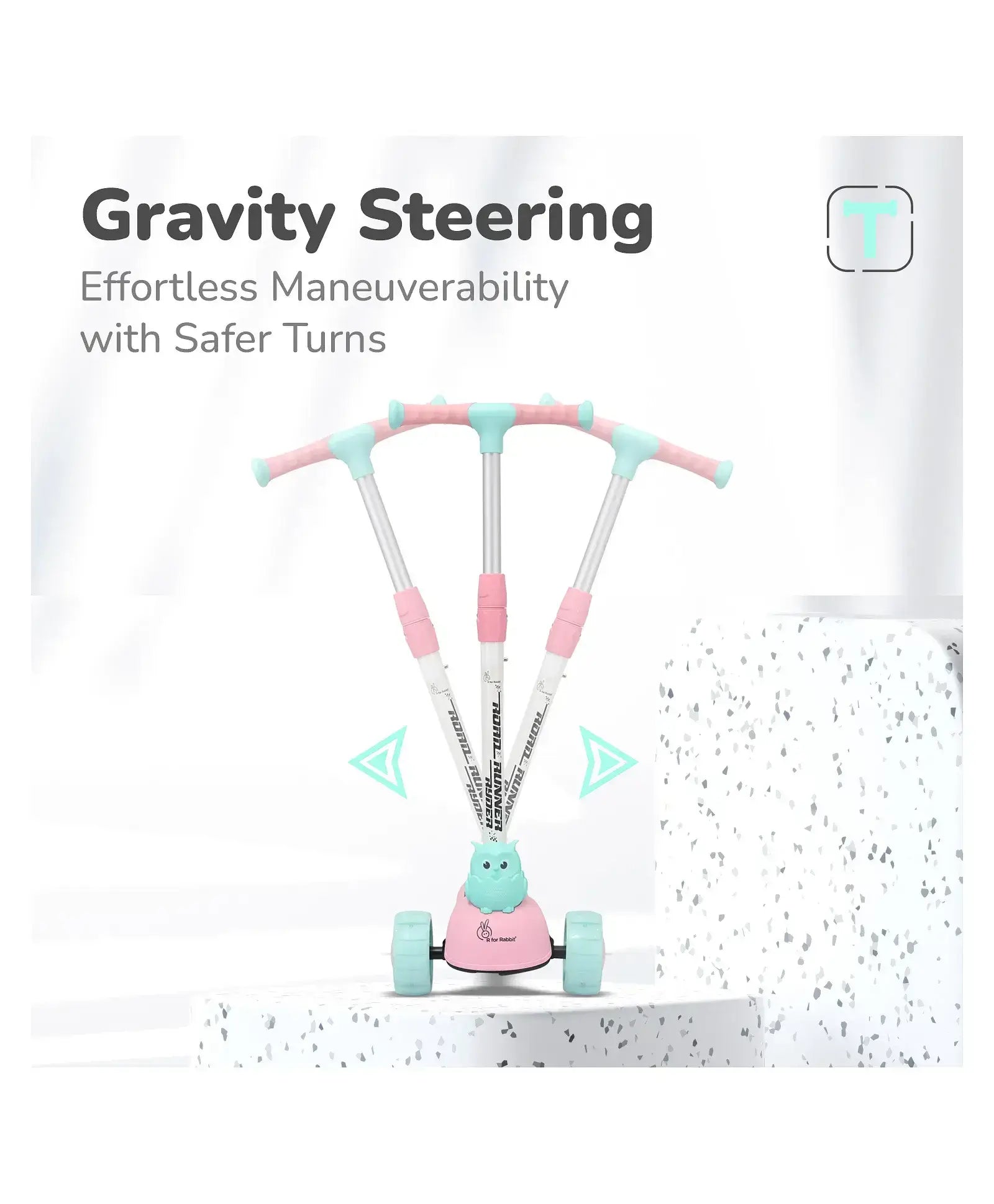 Toy scooter with 'Gravity Steering' feature on a white background
