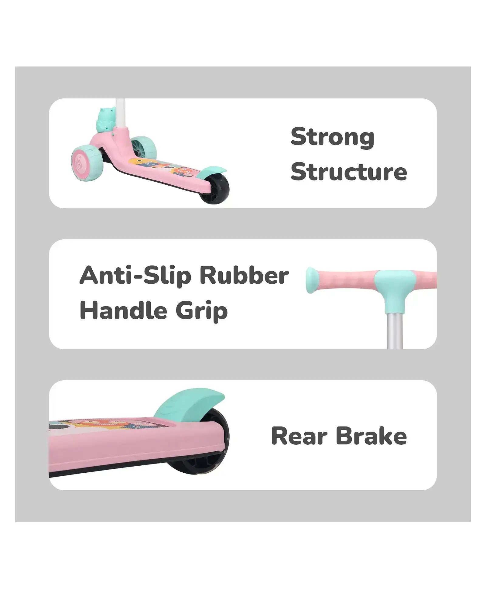 Pink scooter with features labeled on a gray background