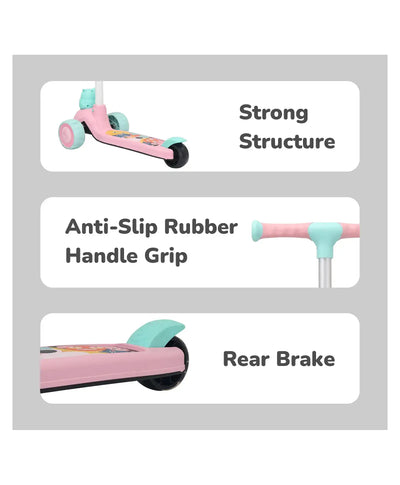 Pink scooter with features labeled on a gray background